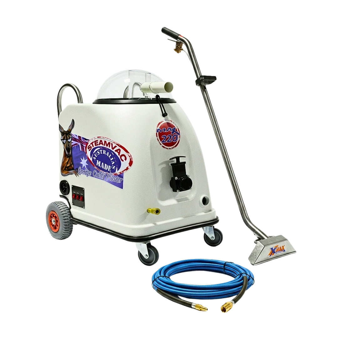 A white commercial steam cleaning machine with wheels, a long metal wand, and a coiled blue hose on a plain white background. The machine has decorative stickers including one that reads 'Teamas Marine' and another circular badge reading 'Power 320'.
