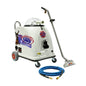 A white commercial steam cleaning machine with wheels, a long metal wand, and a coiled blue hose on a plain white background. The machine has decorative stickers including one that reads 'Teamas Marine' and another circular badge reading 'Power 320'.