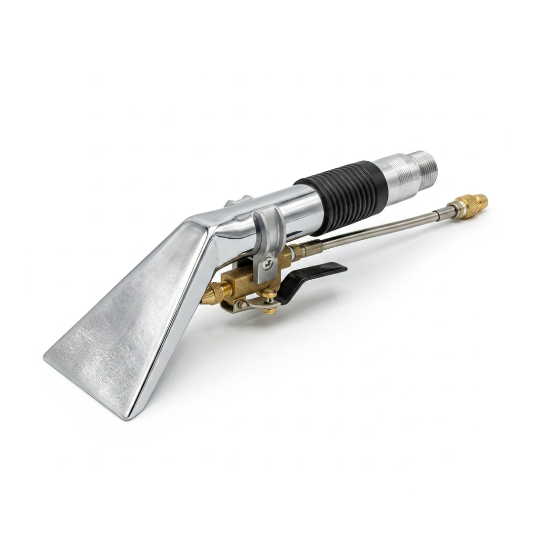 A stainless steel pressure washer nozzle with a black ribbed hose coupling, brass fittings, and a black trigger lever, shown on a clean white background.