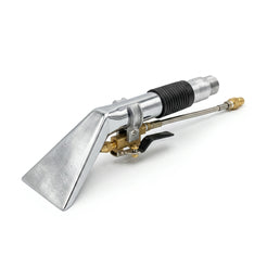 A stainless steel pressure washer nozzle with a black ribbed hose coupling, brass fittings, and a black trigger lever, shown on a clean white background.