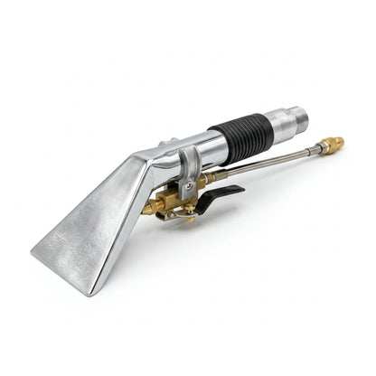 A stainless steel pressure washer nozzle with a black ribbed hose coupling, brass fittings, and a black trigger lever, shown on a clean white background.