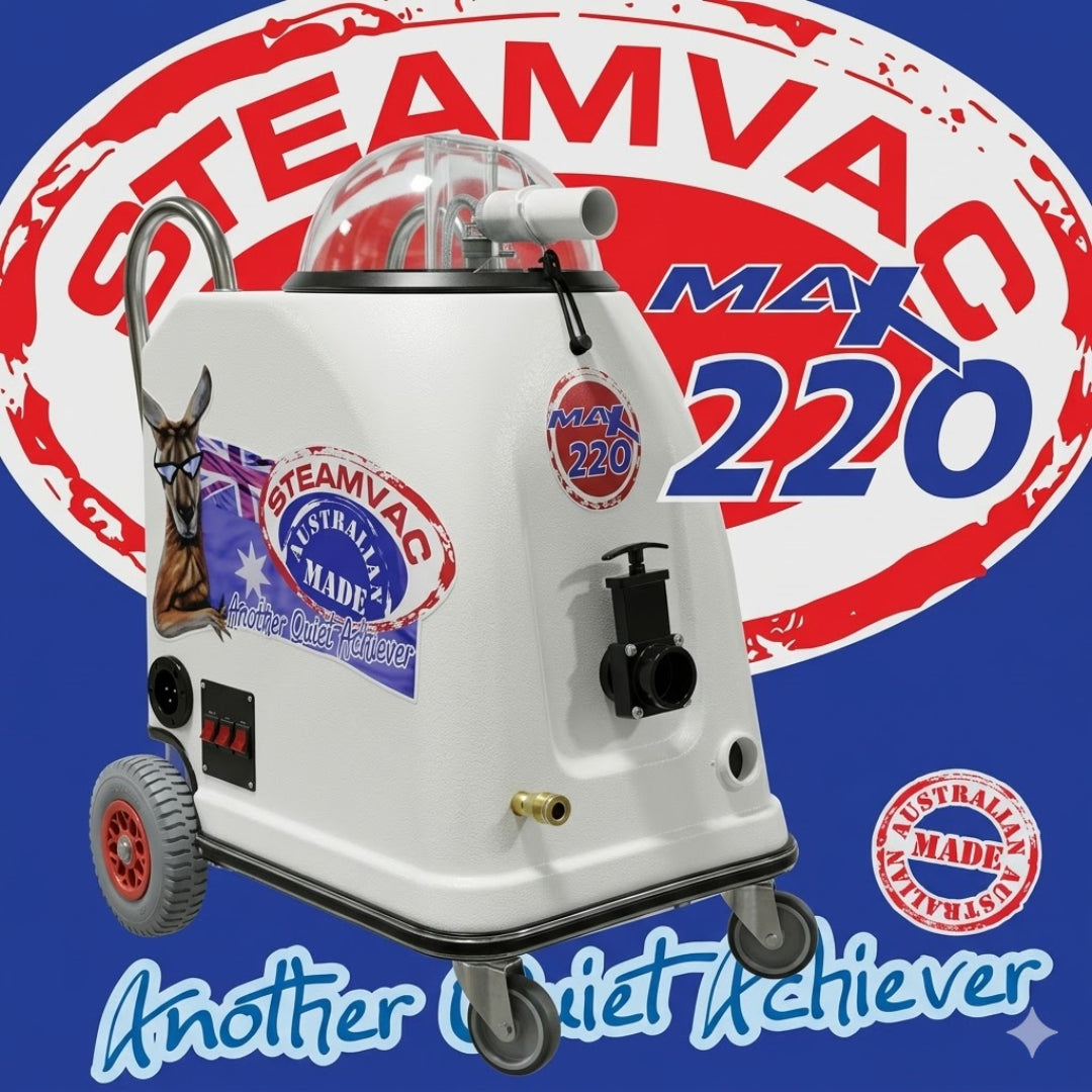 White Steamvac Max 220 steam cleaner with wheels, featuring 'Australia Made' stickers and a large red and white Steamvac logo in the background.