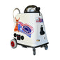 A white mobile steam cleaning machine with caster wheels, featuring a large 'Steamvac Australia Media' graphic on the side, a hose mounted on top, and a black control panel.
