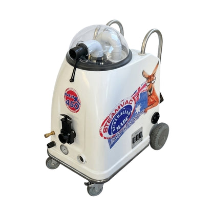 A white steam vac cleaner with wheels, featuring a clear dome lid, metal handles, and various decals including 'Steamvac Australia Made' and a kangaroo graphic.