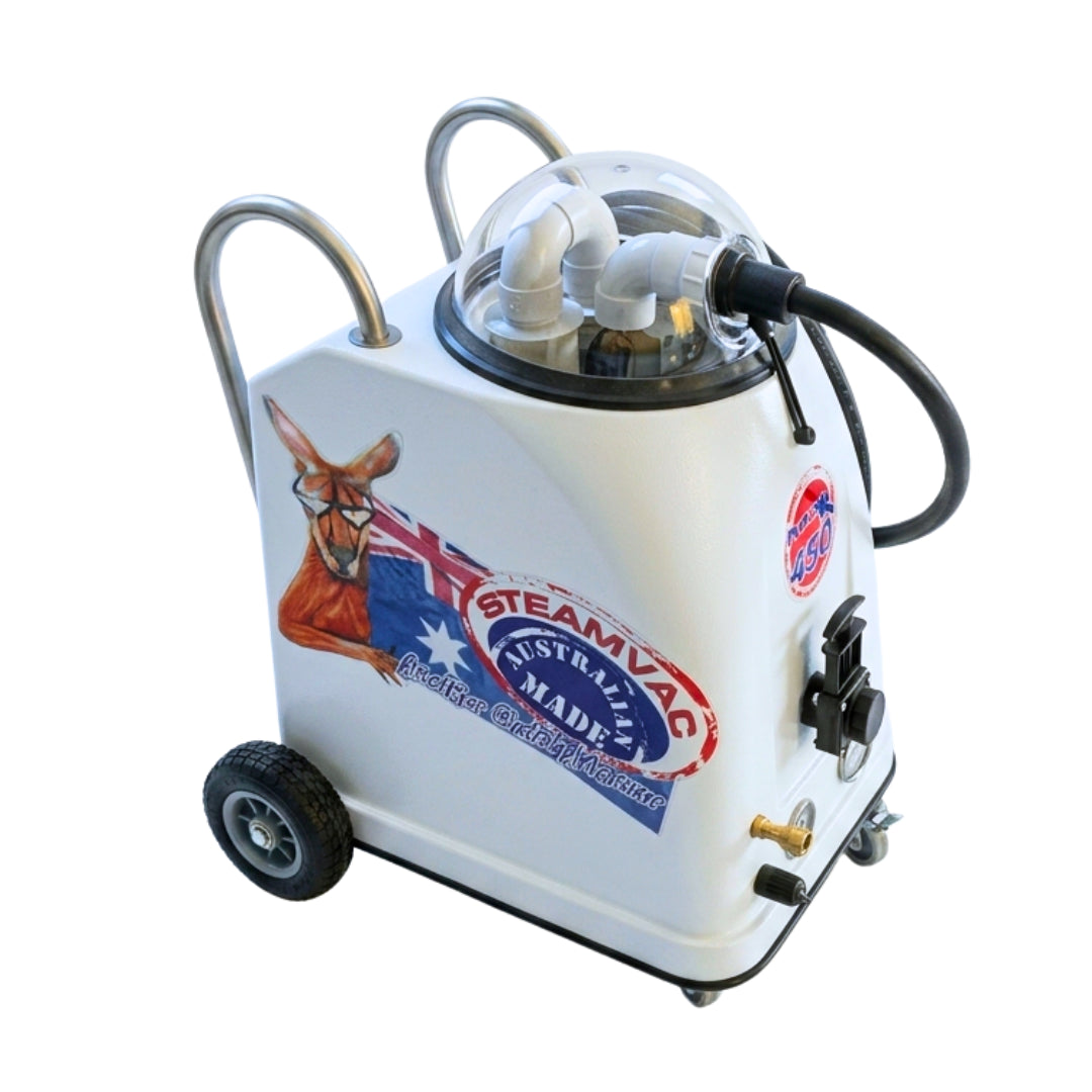 A white steam cleaning machine on wheels with a transparent top chamber, black hoses, and a large kangaroo and Australian flag graphic on the side.