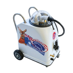 A white steam cleaning machine on wheels with a transparent top chamber, black hoses, and a large kangaroo and Australian flag graphic on the side.