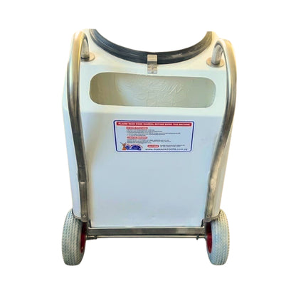 A white plastic utility cart with a curved stainless steel frame, dual gray wheels with red rims, and a black rubber top rim, shown against a plain white background.