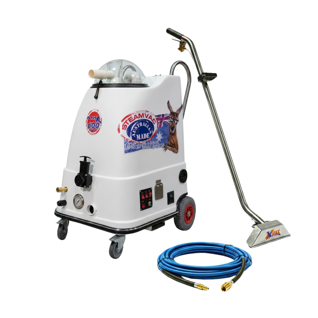 A white commercial carpet cleaner machine on wheels with a long metal handle, blue air hose, and floor nozzle, shown on a plain white background. The machine has decorative Team USA graphics and a deer illustration on the front.