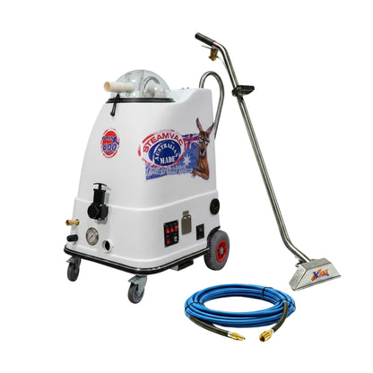 A white commercial carpet cleaner machine on wheels with a long metal handle, blue air hose, and floor nozzle, shown on a plain white background. The machine has decorative Team USA graphics and a deer illustration on the front.