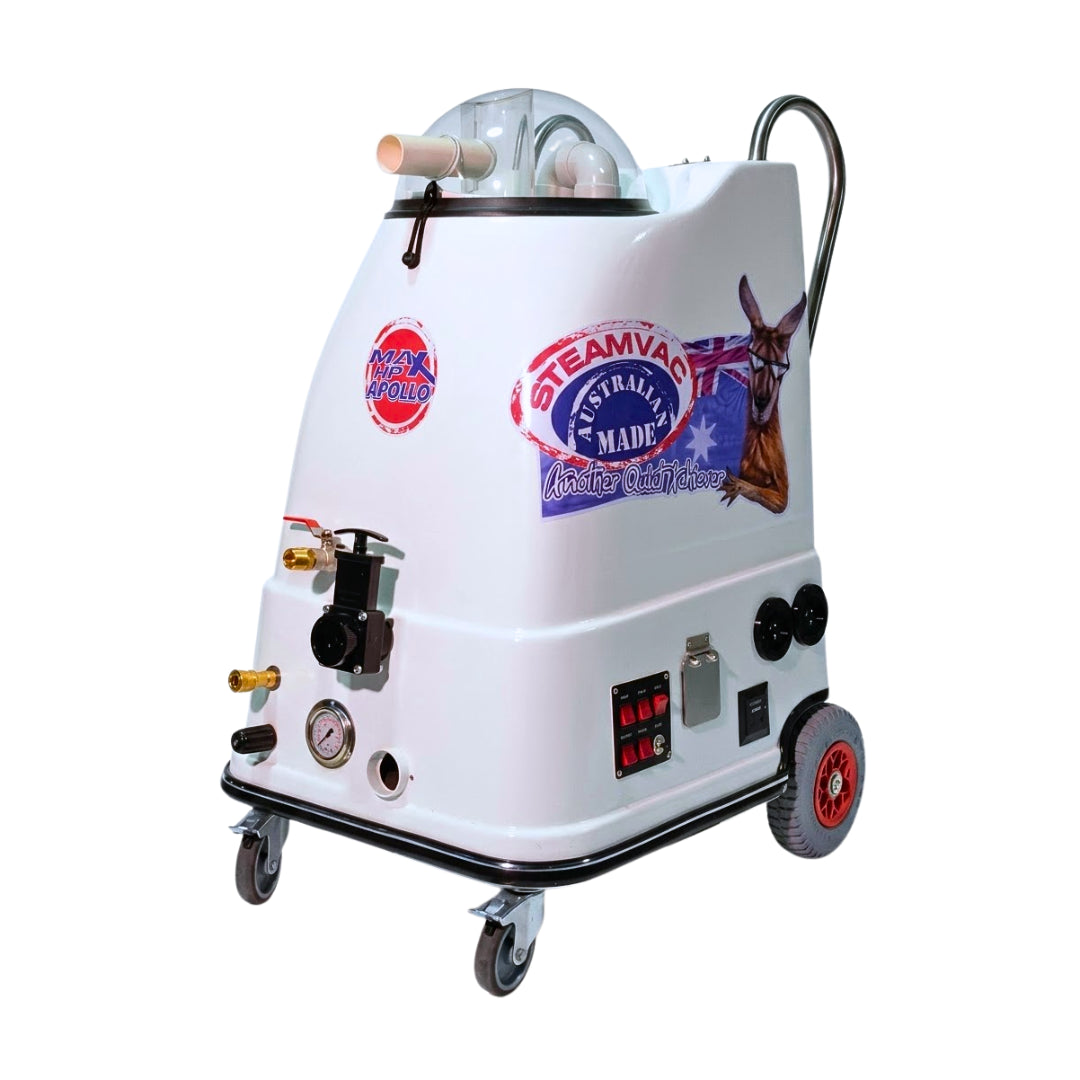 A white commercial-grade steam cleaning machine on wheels, featuring a clear top dome, various metal ports, control switches, and colorful 'Team 4 You Australia Made' decals on the side.