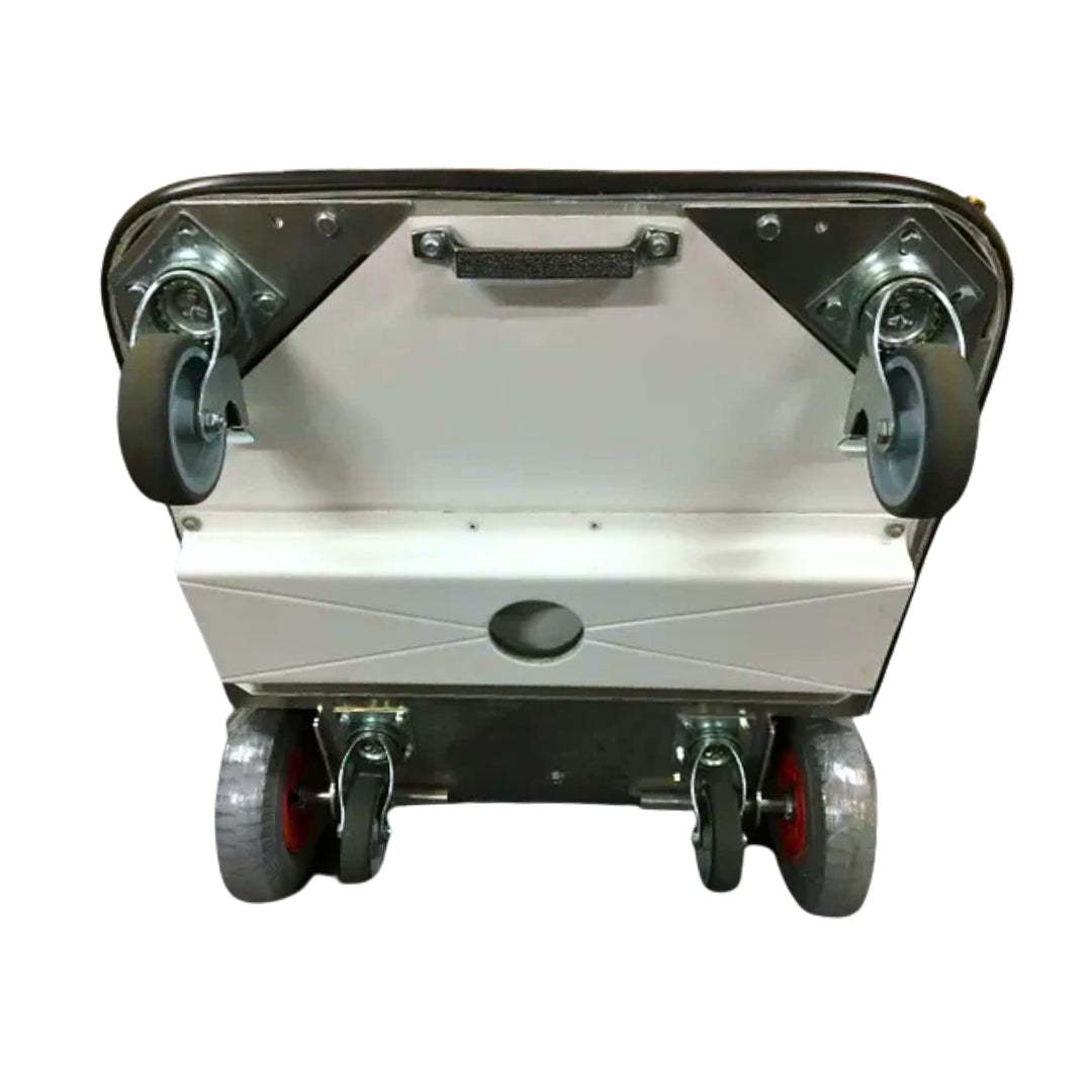 The underside of a metal utility cart or dolly with four caster wheels, shown against a plain white background.