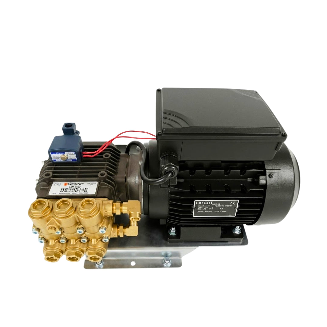 A high-pressure water pump assembly featuring a black electric motor, a brass multi-port pump head, and a small blue pressure switch, shown on a white background.