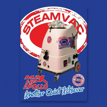 A product graphic for the MAX APOLLO Steamvac Quiet Achiever, showing a cream-colored steam cleaning machine with red and black accents, set against a dark blue background with a large red and white 'STEAMVAC' stamp graphic.
