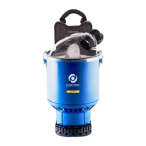 A blue and black Pacvac backpacking dust collector with a clear face mask and hose, shown on a solid white background.