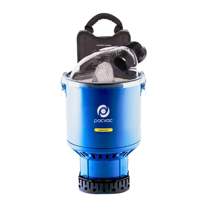 A blue and black Pacvac backpacking dust collector with a clear face mask and hose, shown on a solid white background.