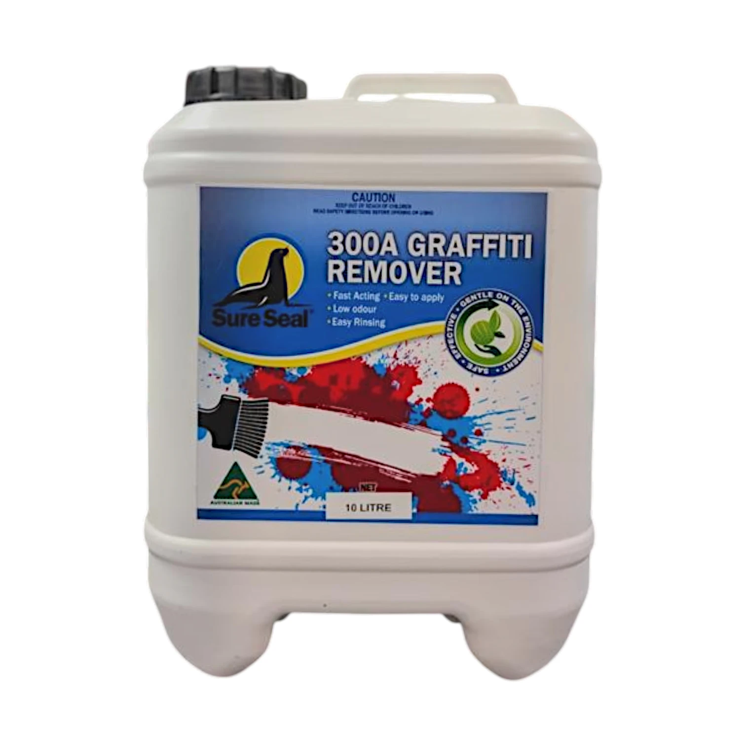 A 16 litre white plastic jerrycan of SureSeal 300A Graffiti Remover with a black screw cap, set against a plain white background.