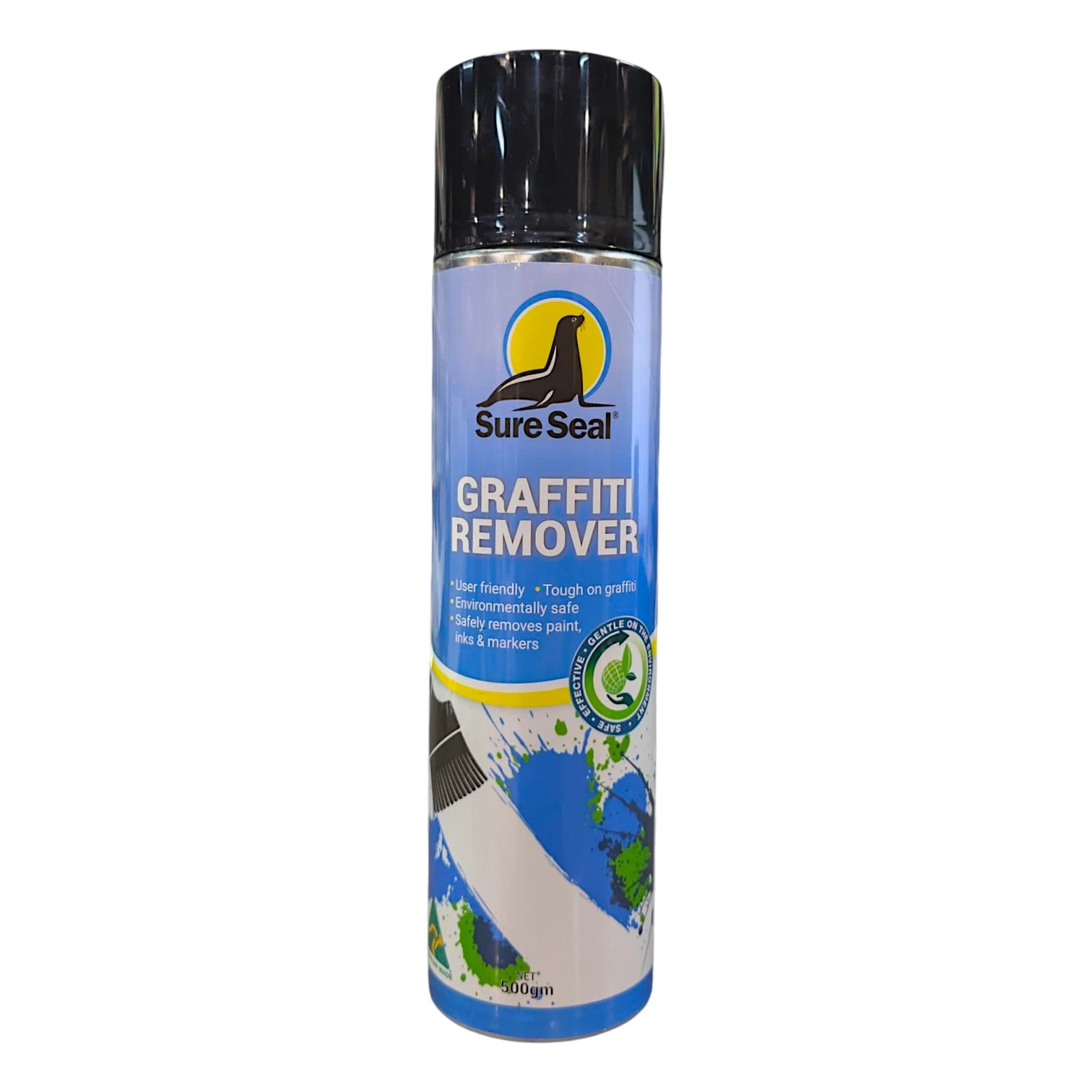 A can of SureSeal Graffiti Remover, featuring a black spray cap and a blue and white label with a yellow logo, shown against a plain white background.