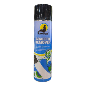 A can of SureSeal Graffiti Remover, featuring a black spray cap and a blue and white label with a yellow logo, shown against a plain white background.