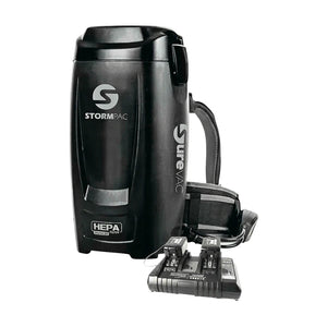 Black Stormpac SureVac HEPA vacuum cleaner with a shoulder strap and a dual battery charger, shown on a plain white background.