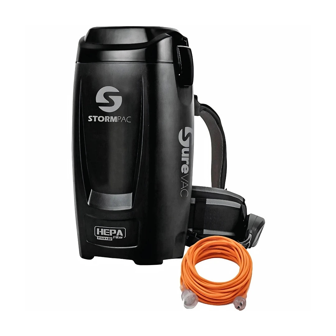 Black Stormpac Sure-A-C Water Filter System with an orange extension cord, shown on a solid white background.