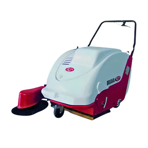 A Brava ITT commercial floor care machine, specifically a vacuum/dry sweeping unit, shown from a three-quarters angle on a white background. The machine features a white upper body with a red lower chassis, a black handle, and a red dust cup with a black bristle shield.