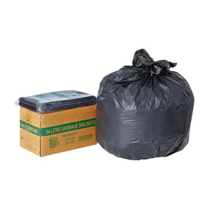 A black plastic 54 litre garbage bin liner shown both flat on its cardboard box and filled with waste to demonstrate its size, against a plain white background.