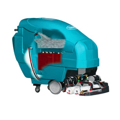 A teal and black wet vacuum cleaner shown on a plain white background with a cutaway view revealing internal components, including a gray filter, red tank area, and black/white brush roll mechanism.