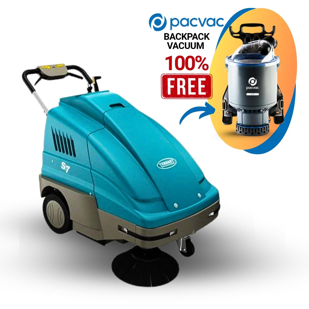 Tennant S7 Walk-Behind Battery Sweeper + Free Pacvac Vacuum Cleaner