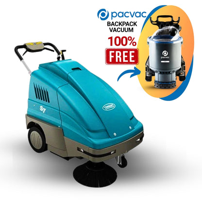 Tennant S7 Walk-Behind Battery Sweeper + Free Pacvac Vacuum Cleaner
