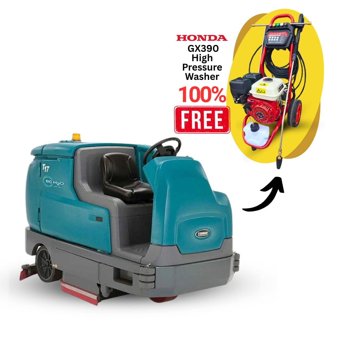 Tennant T17 Battery-Powered Ride-On Floor Scrubber + Free Black Jet Honda Powered GX390 Petrol High Pressure Washe