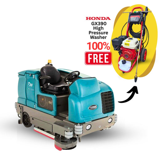 Tennant T20 Industrial Ride-On Floor Scrubber + Free Black Jet Honda Powered GX390 Petrol High Pressure Washe