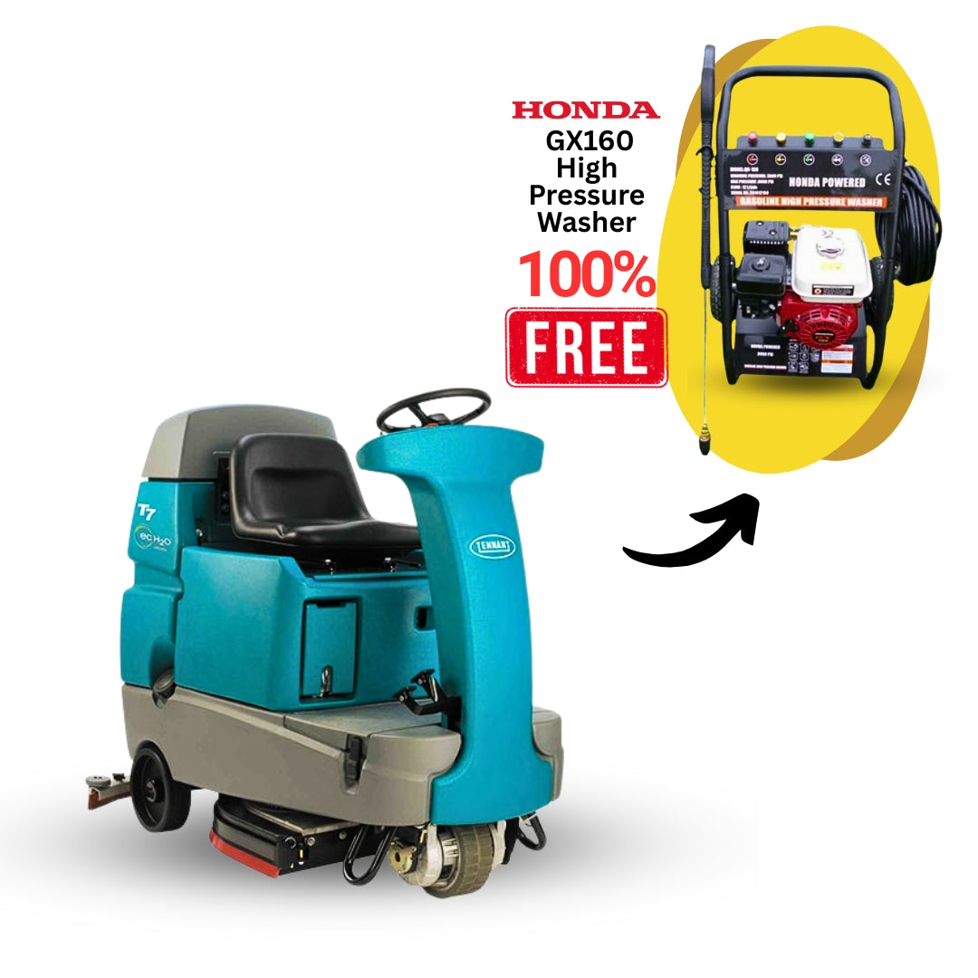 Tennant T7 Ride-On Floor Scrubber + Free Honda GX160 High Pressure Washer
