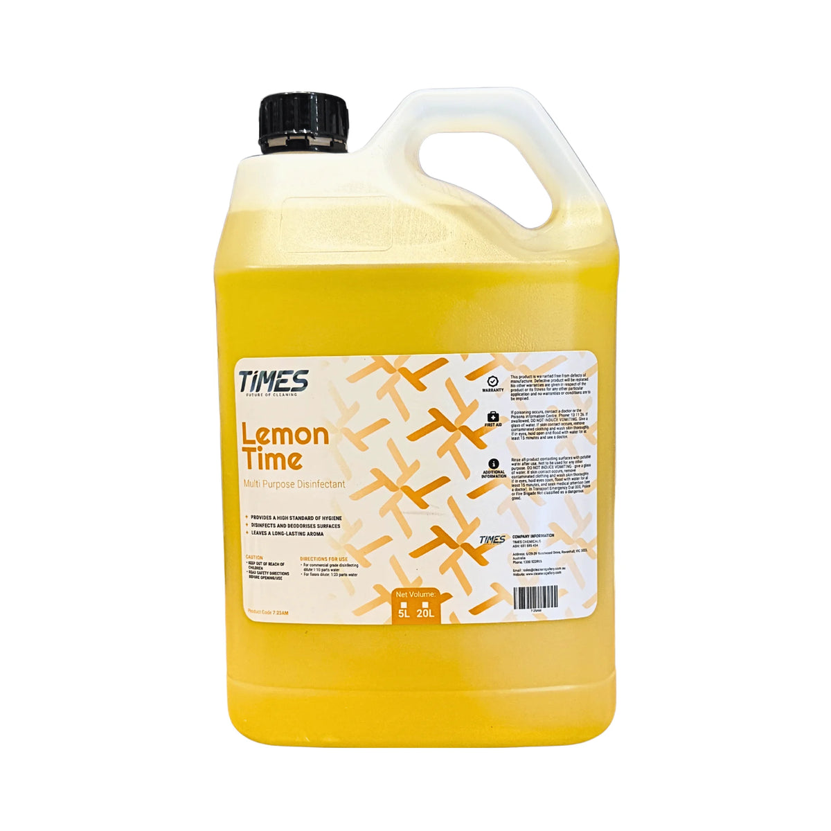 A large plastic jug of TIMES Lemon Time high-purpose disinfectant, filled with bright yellow liquid, featuring a white and orange label and a black cap, set against a plain white background.