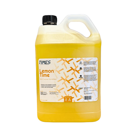 A large plastic jug of TIMES Lemon Time high-purpose disinfectant, filled with bright yellow liquid, featuring a white and orange label and a black cap, set against a plain white background.