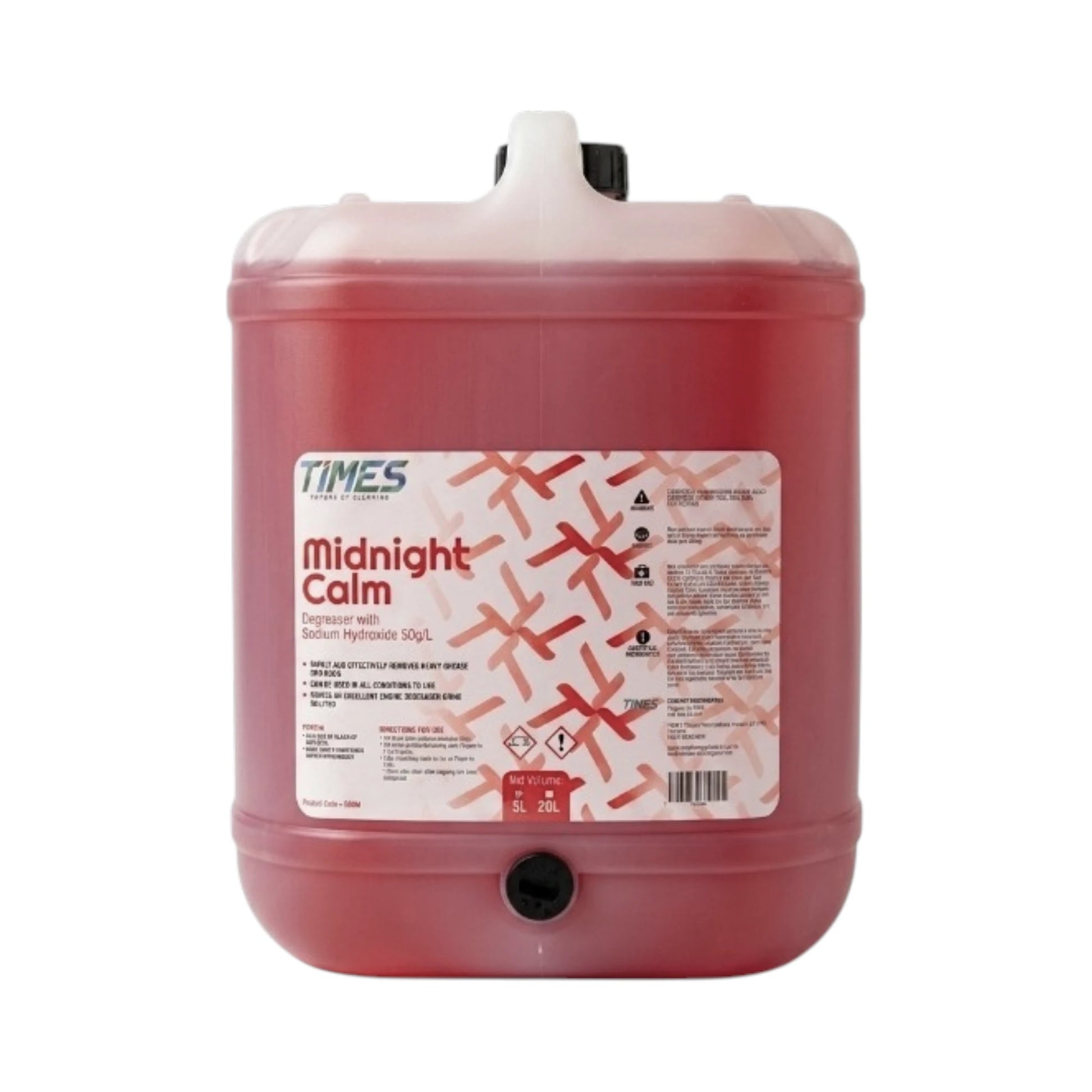 A 50L plastic jerrycan of TIMES Midnight Calm disinfectant wipe, filled with a pinkish-red liquid, featuring a white and red label on a white background.