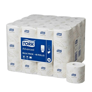 A bulk pack of Tork Advanced paper towels containing 48 rolls, shown as a large stacked box with a single roll placed in front on a plain white background.