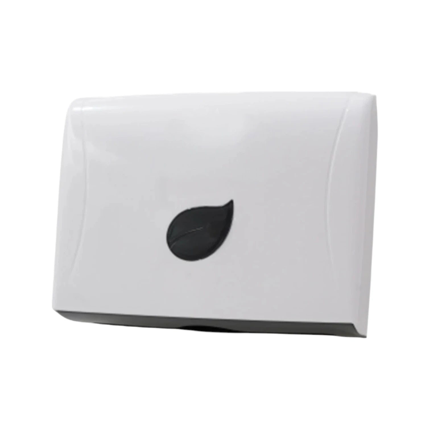 A white wall-mounted dispenser with a glossy finish and a black leaf-shaped cutout in the center, shown against a plain white background.
