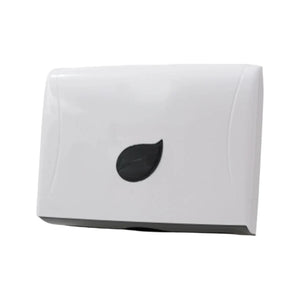 A white wall-mounted dispenser with a glossy finish and a black leaf-shaped cutout in the center, shown against a plain white background.