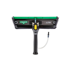 A Unger T Lite window cleaning squeegee with a black handle, green rubberized blade, and a clear water collection tube, shown against a plain white background.