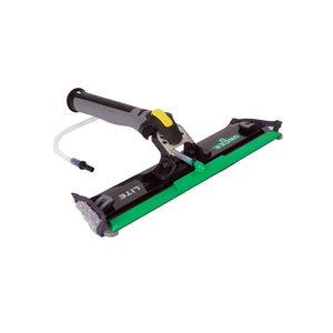 A wet/dry cleaning sponge brush with a green and black body, gray handle, yellow accent, and a clear hose connector, shown on a plain white background.