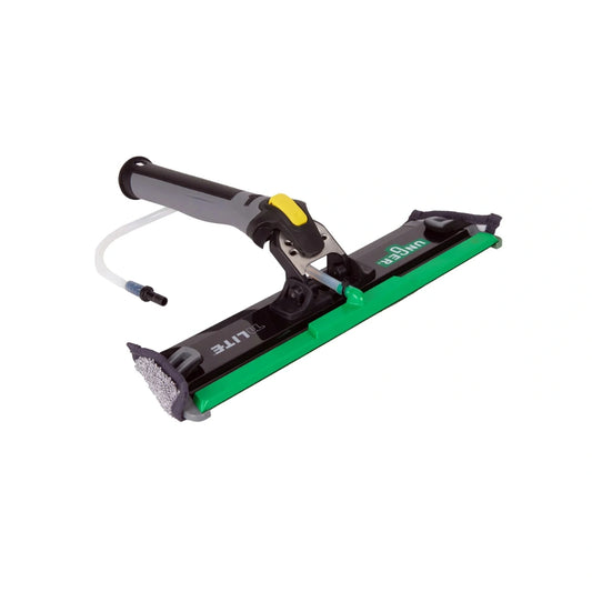 A wet/dry cleaning sponge brush with a green and black body, gray handle, yellow accent, and a clear hose connector, shown on a plain white background.