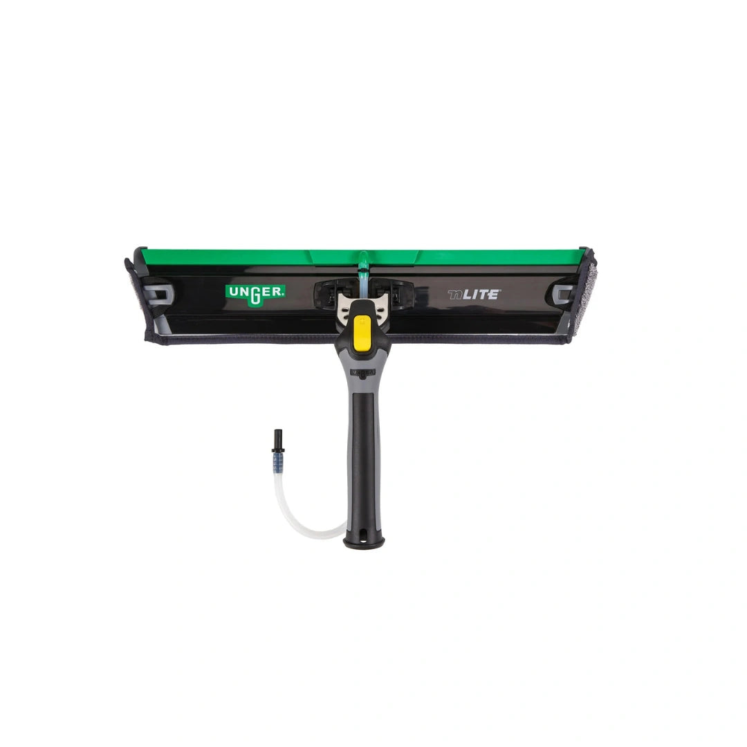 A Unger Lite window squeegee with a black handle, green rubber blade, and yellow accent button, shown on a plain white background.