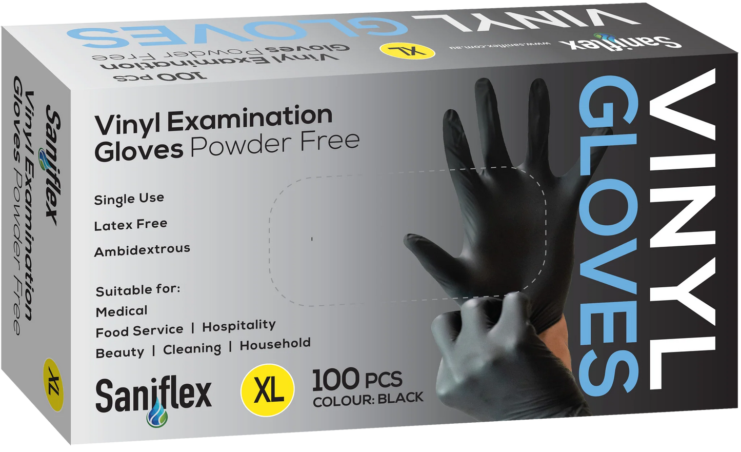 Saniflex Disposable Vinyl Gloves Powder Free - Black - 100 Pack X-Large