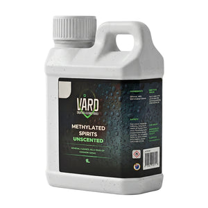A 1L white plastic bottle of VARD Unscented Methylated Spirits cleaner, featuring a black label with green and white text and a water droplet pattern.