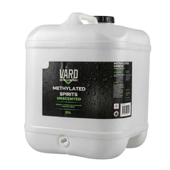 A 20L white plastic jerrycan with a black cap and a large black label for Vard Methylated Spirits Unscented, shown on a plain white background.