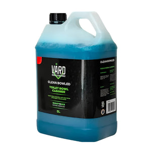 A 5L plastic jug of VARD Professional Clean Bowled Toilet Bowl Cleaner, filled with blue liquid and featuring a black label with green and white text.