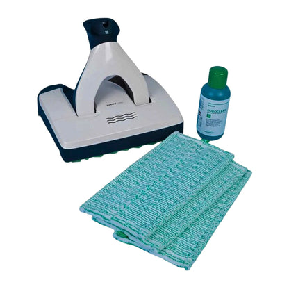 A glass cleaner kit featuring a white and dark blue glass cleaning wand, a small bottle of cleaning liquid with a green cap, and four folded green microfiber cloths, all on a plain white background.
