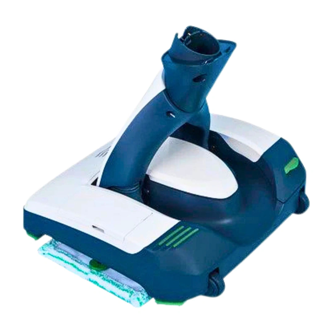 A blue and white robotic pool cleaner with a green-accented base and a flexible cleaning pad, shown on a plain white background.