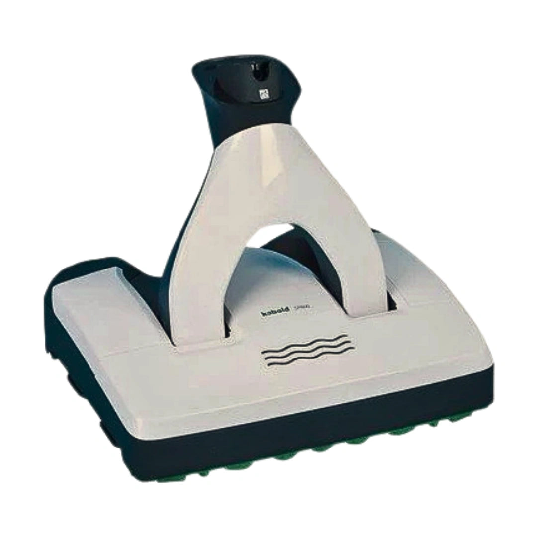 A pool skimmer brush attachment with a white plastic main body, dark navy blue structural base and handle, and a green textured edge along the bottom.