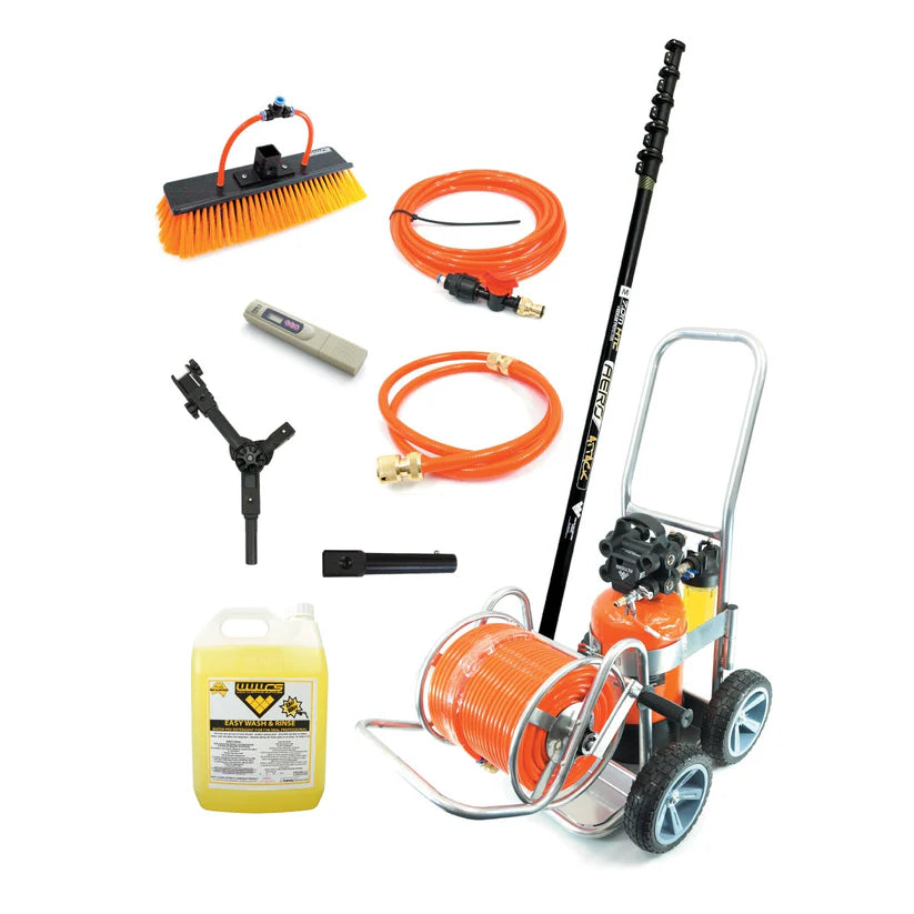 Collection of cleaning tools including a pressure washer, brush, hoses, and chemicals on a white background.